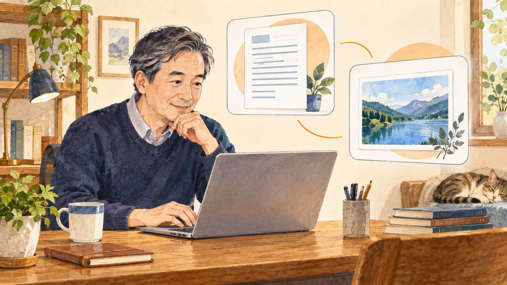 文書作業と調べ物を二つの作業画面に分けるイメージ