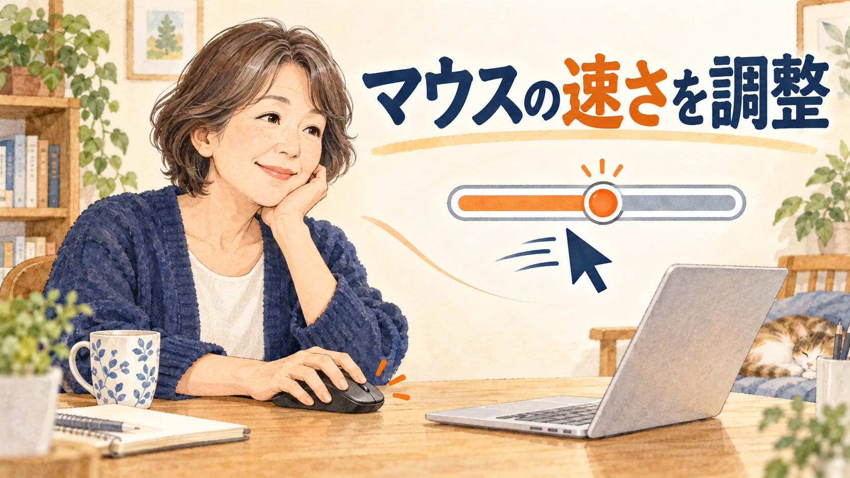 マウスを動かしながらポインターの速さを少しずつ調整するイメージ