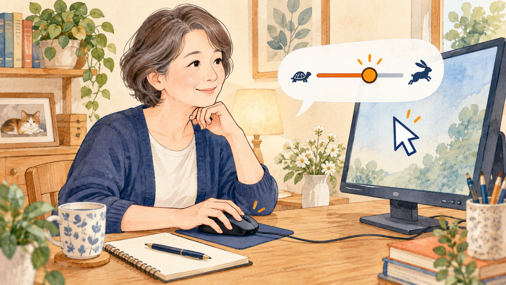 マウスを動かしながらポインターの速さを少しずつ調整するイメージ
