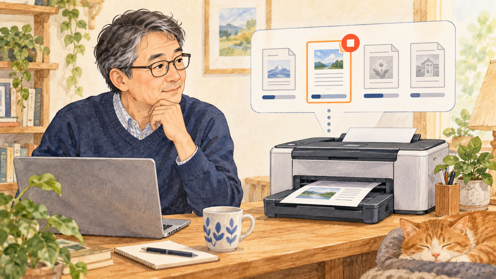 プリンターへ送った印刷の一覧から対象の文書を確認するイメージ