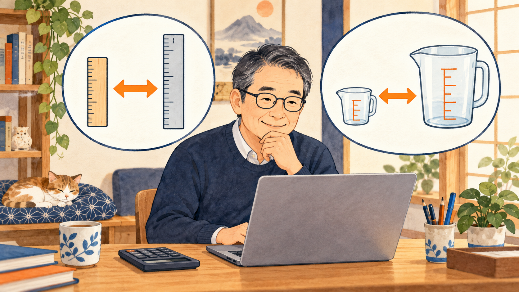 電卓と定規や計量カップを使って単位の違いを考えるイメージ