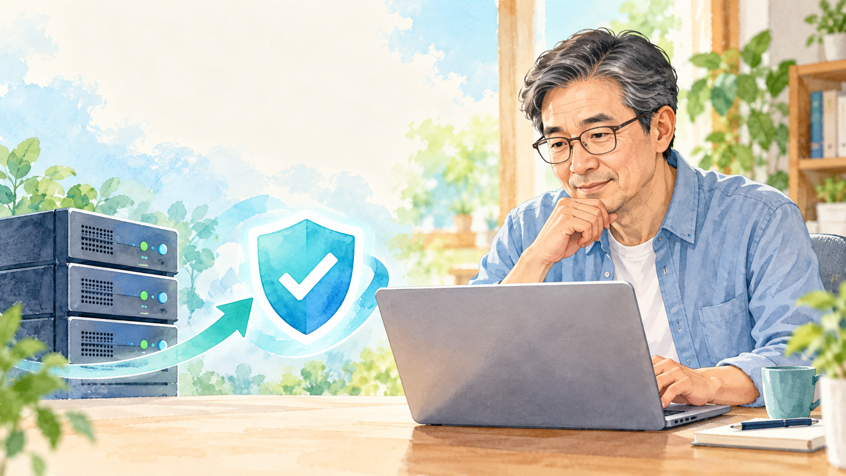 WordPressサイトを運営する人がサーバーのPHPセキュリティ更新を確認するイラスト