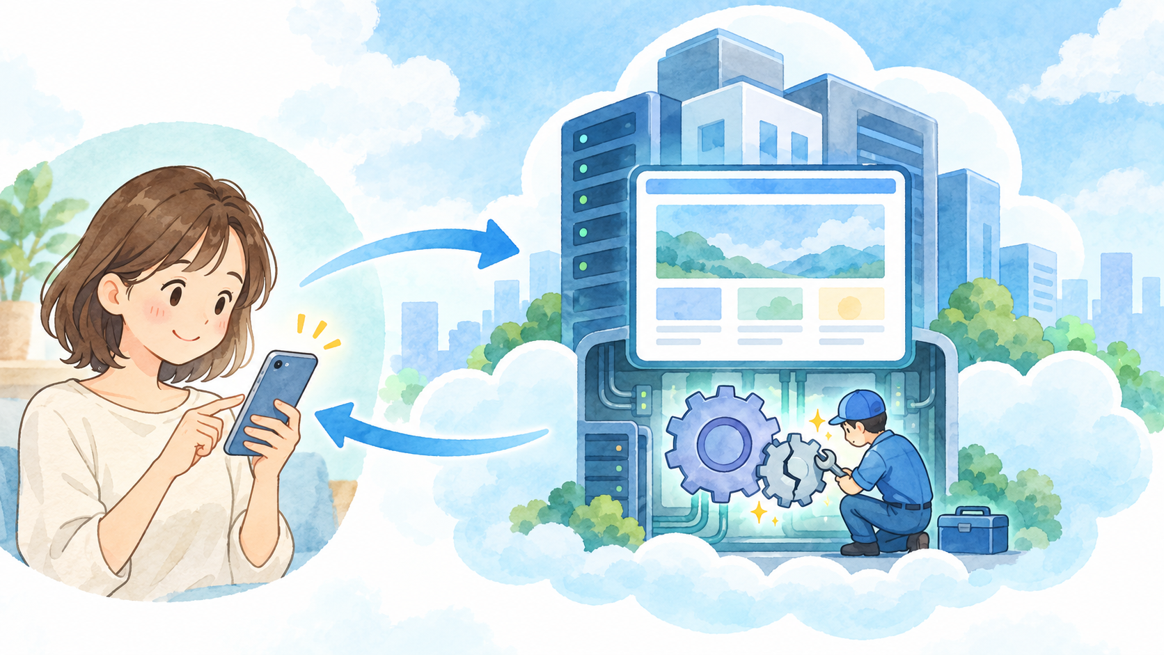 スマホからWebサイトを利用し、サイトを動かすサーバー側でPHPが処理される関係