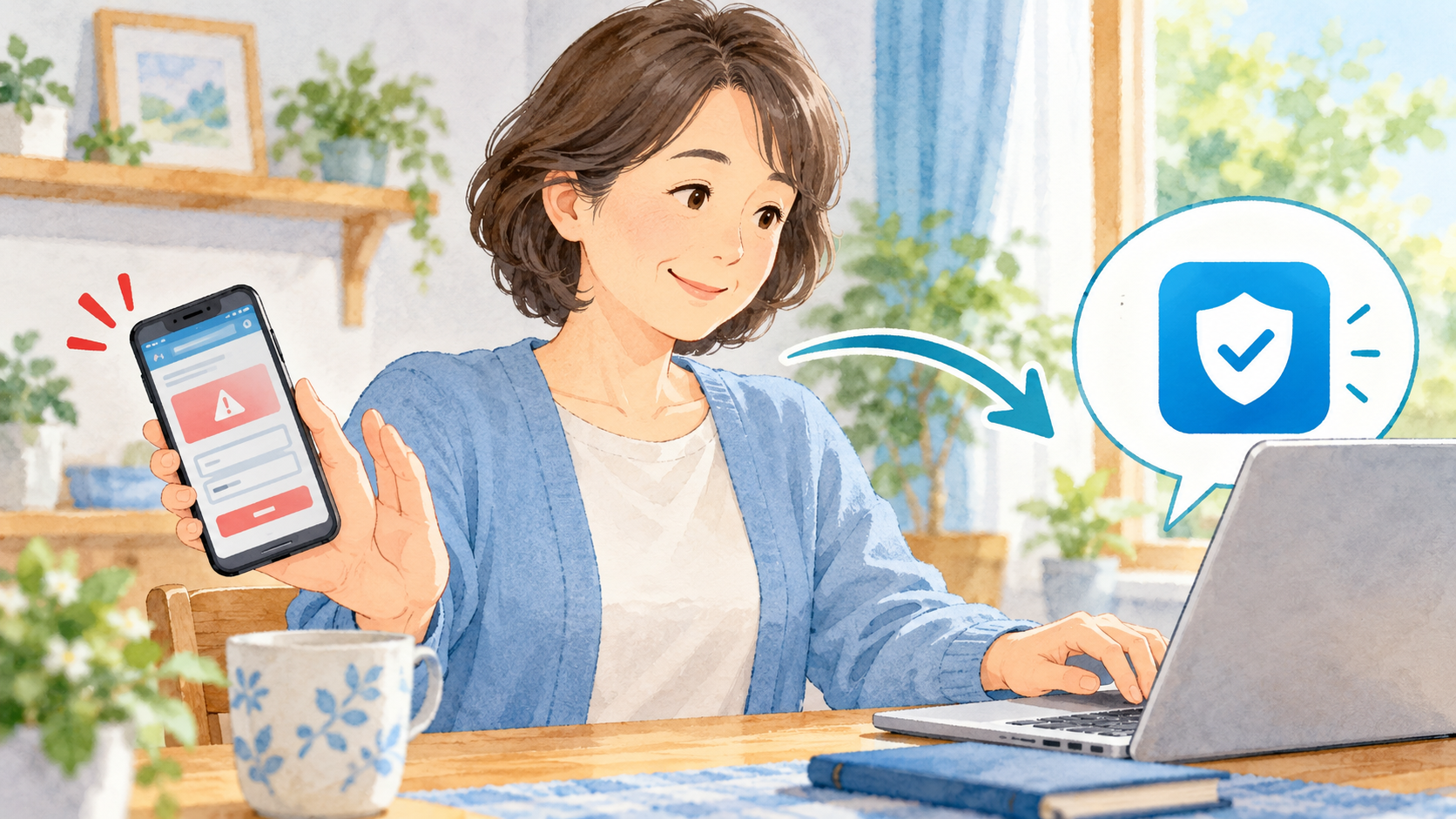 不審なページを見た利用者が情報を入力せず、別の信頼できる公式窓口から確認する様子