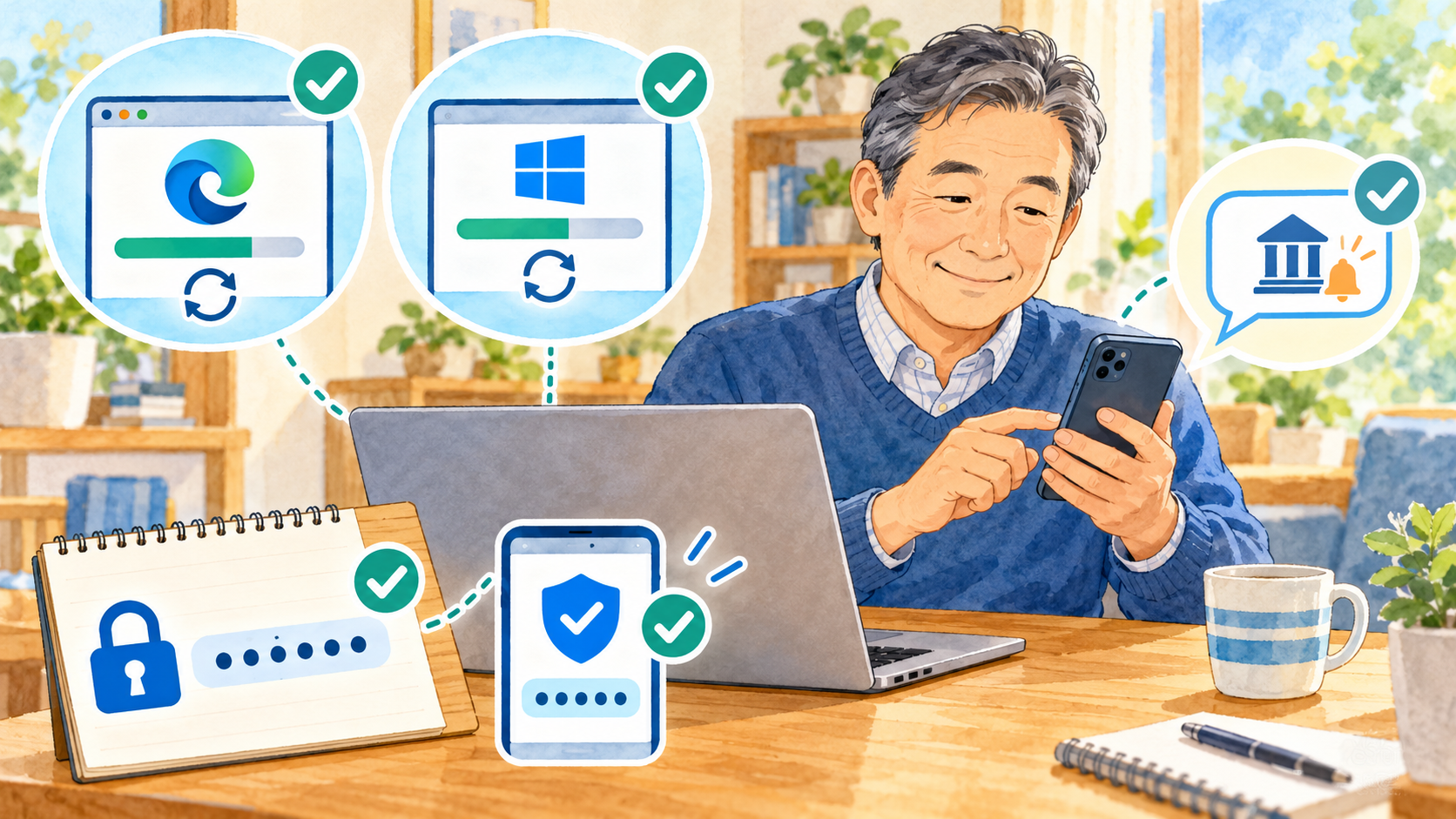 OSとブラウザーの更新、固有パスワード、二段階認証、金融通知を確認する日常の安全対策