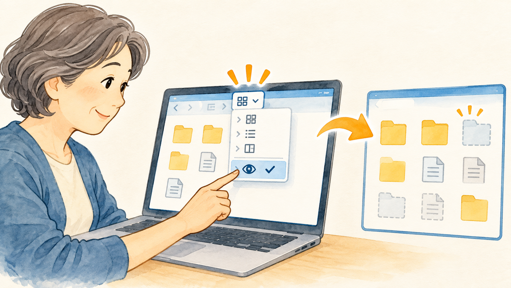 表示メニューから隠し項目を選ぶ操作を表す説明イラスト