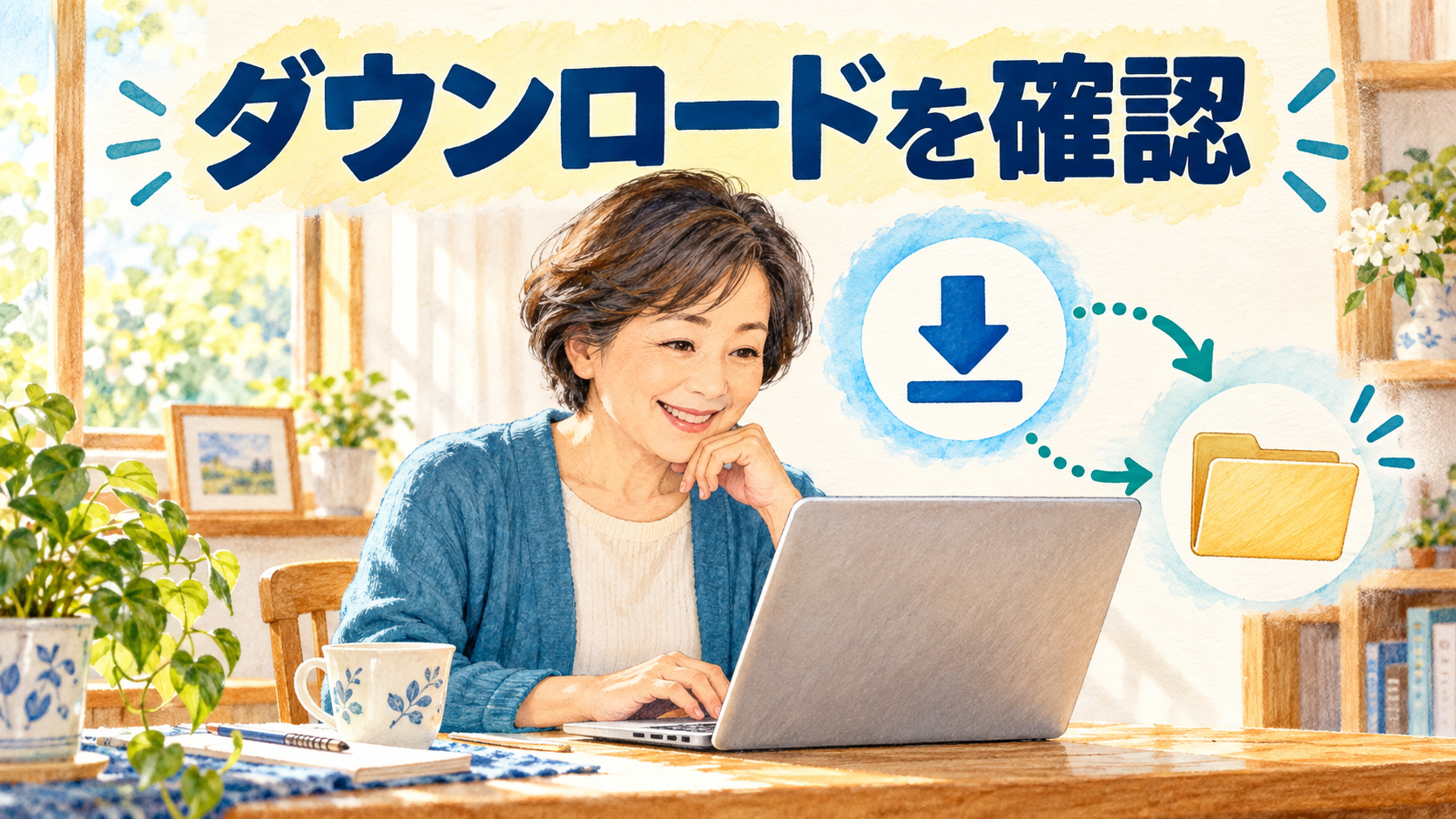 ダウンロードを確認の手順を紹介するアイキャッチイラスト