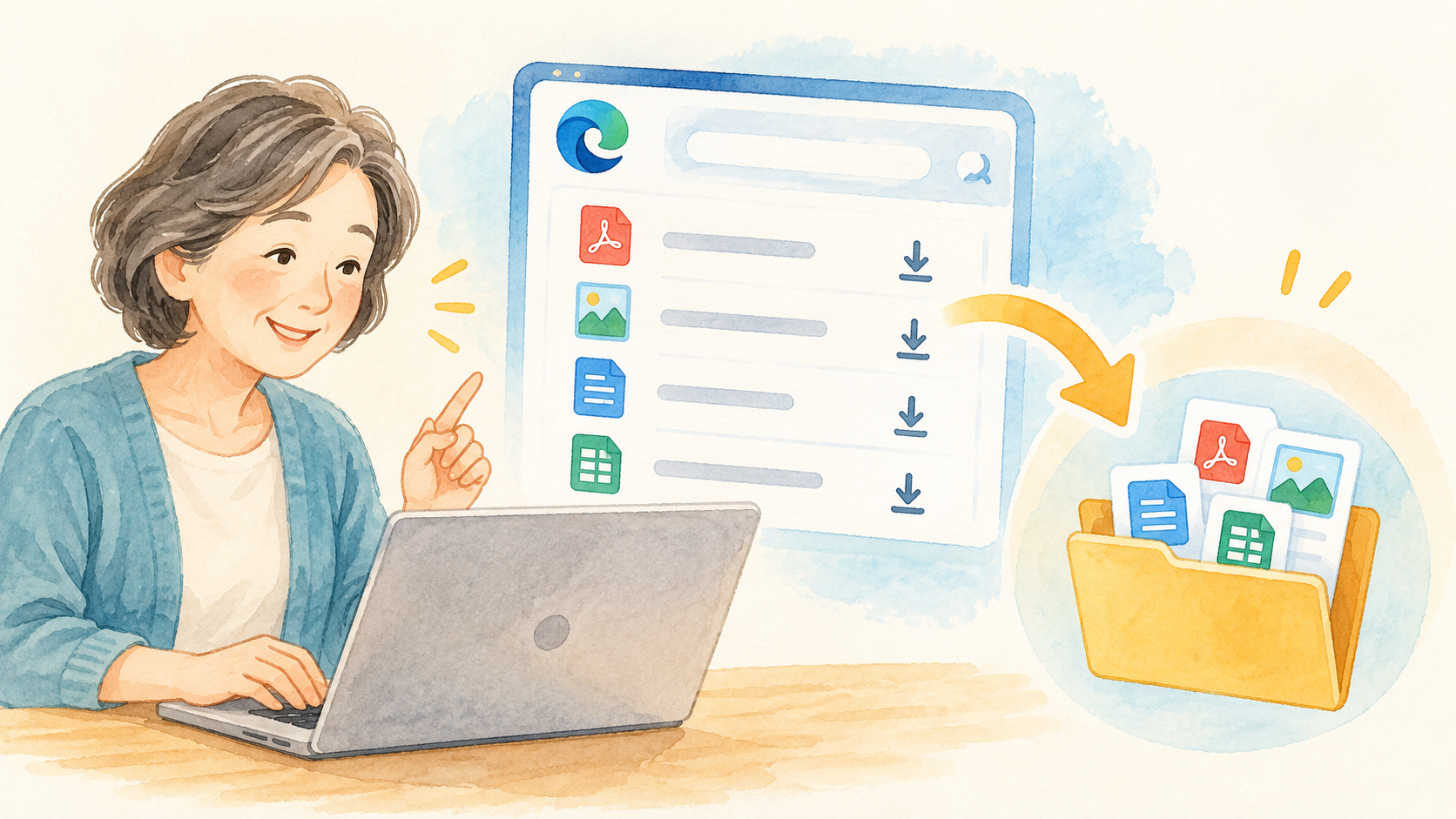 ブラウザーのダウンロード一覧とフォルダーを表す説明イラスト