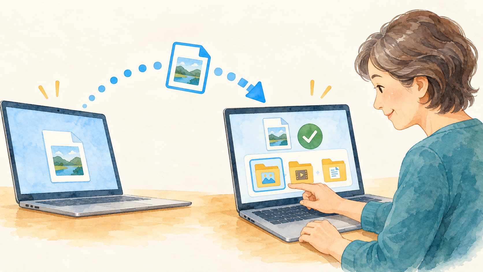 受信確認をして保存先を選ぶ人を表す説明イラスト