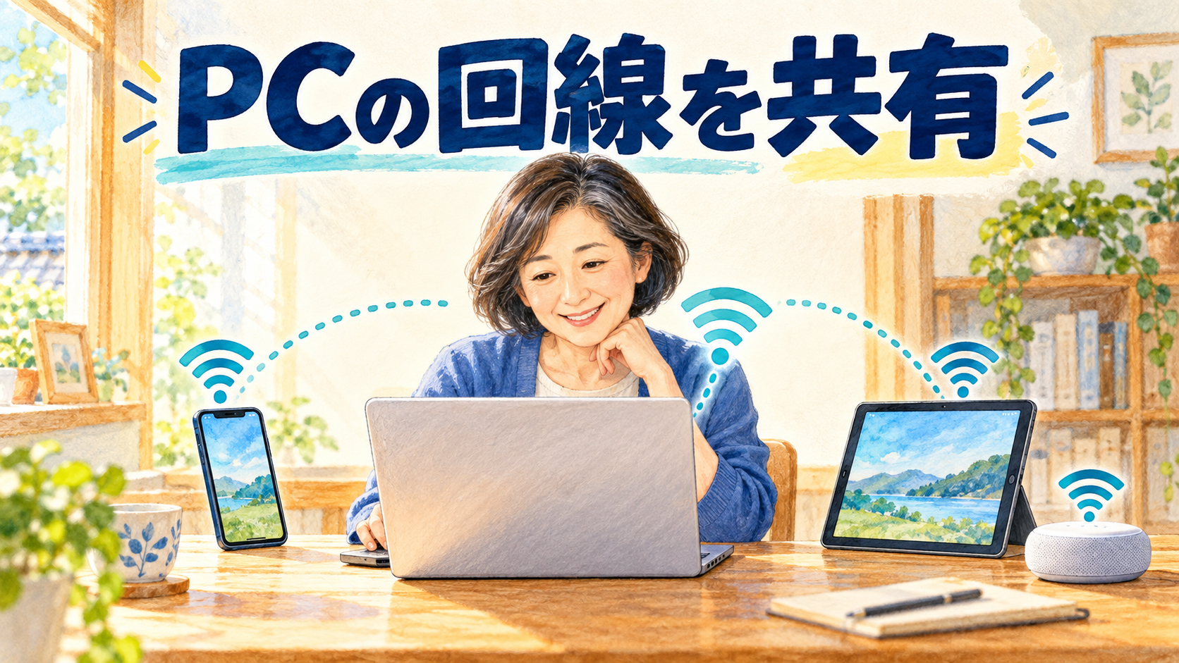 PCの回線を共有の手順を紹介するアイキャッチイラスト