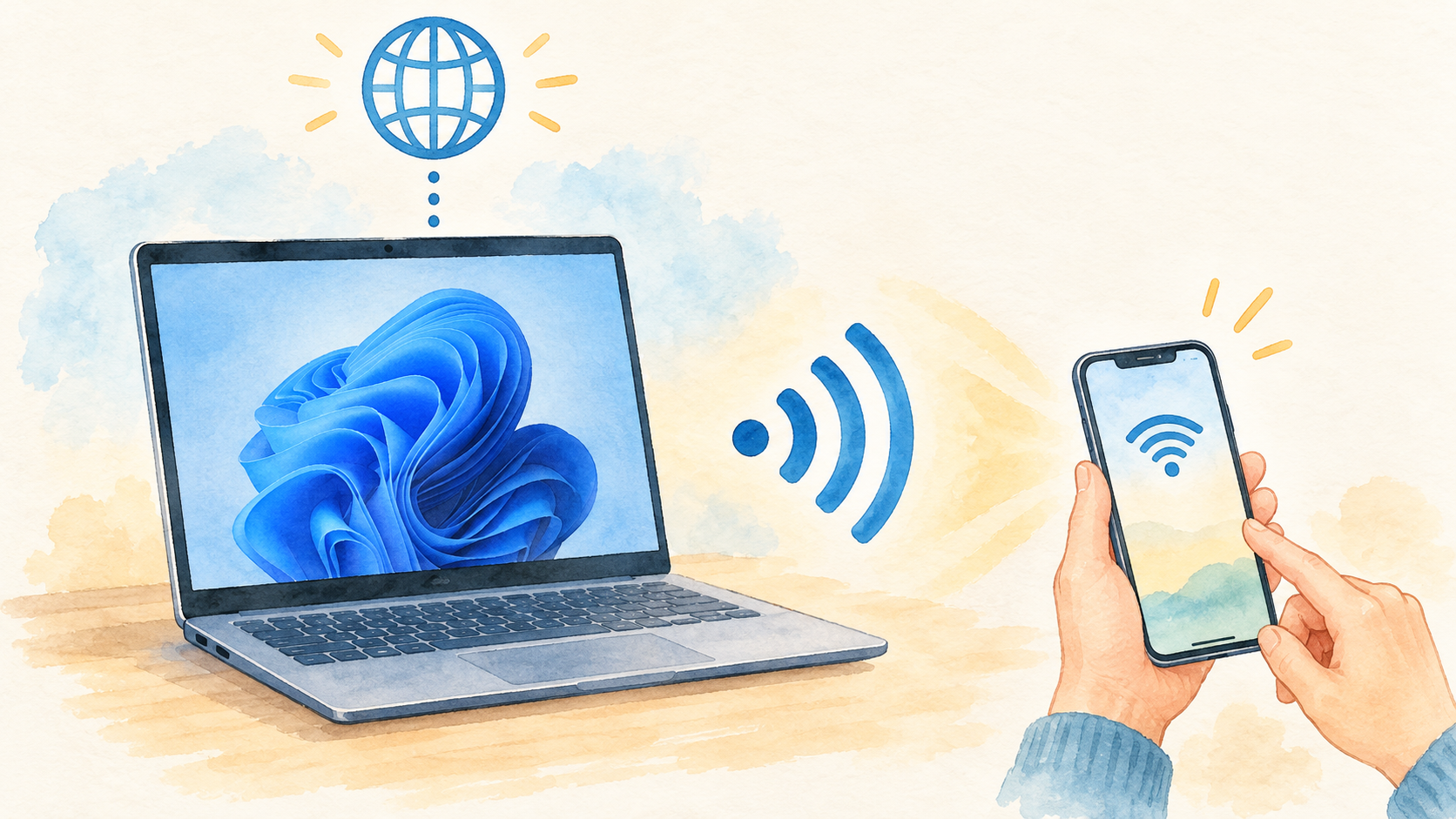 PCからスマートフォンへ通信を共有を表す説明イラスト