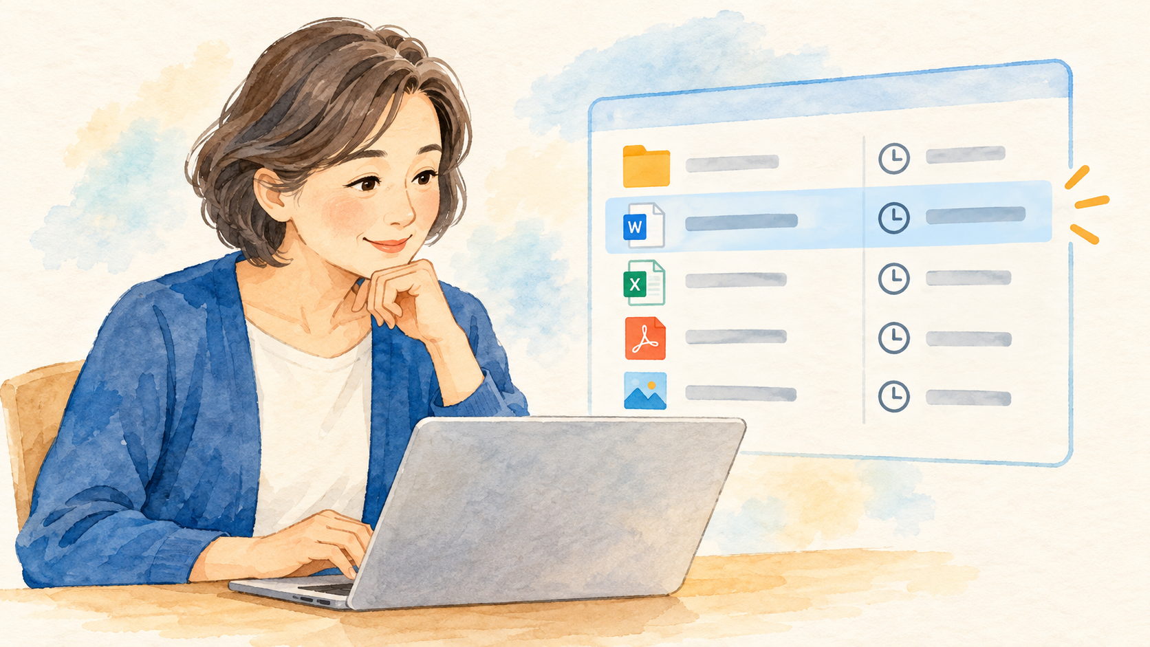 更新日時を見てファイルを選ぶ人を表す説明イラスト