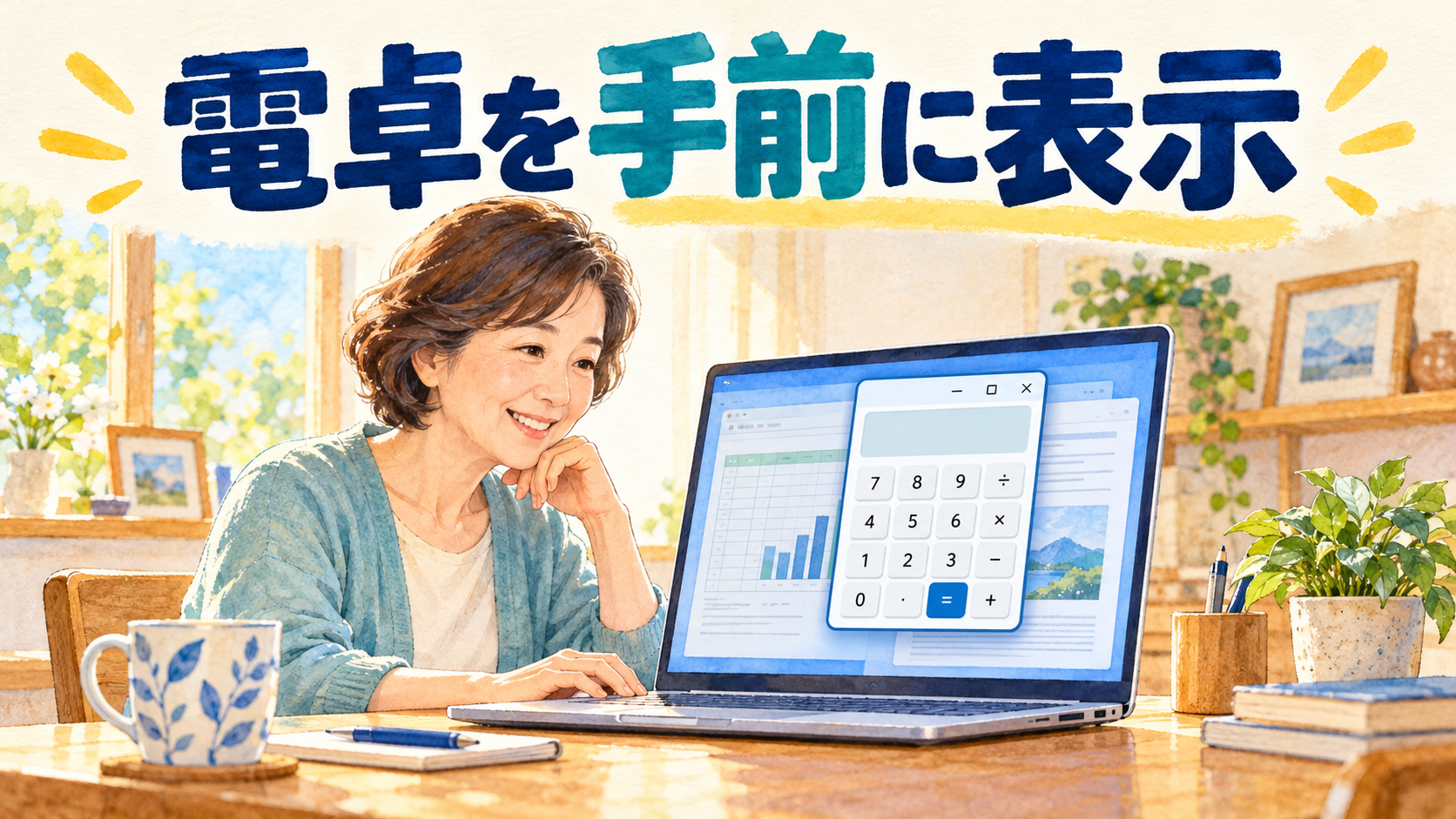 電卓を手前に表示の手順を紹介するアイキャッチイラスト