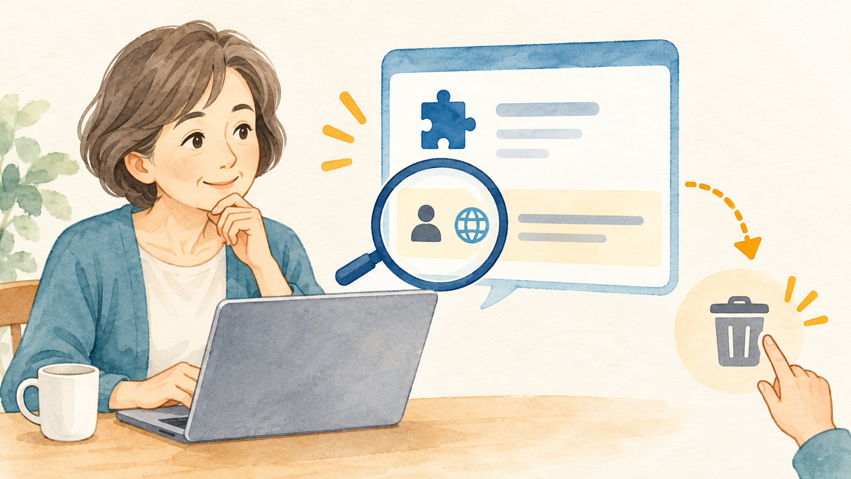 提供元を確認してから削除する人を表す説明イラスト