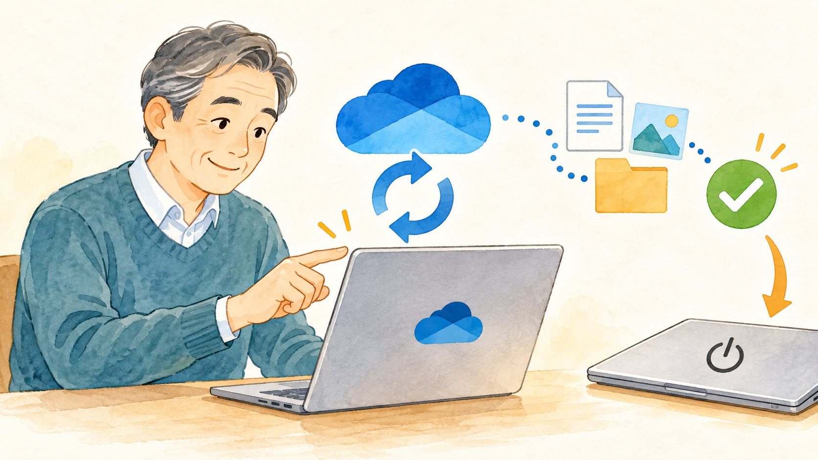 同期を再開し状態を確かめるを表す説明イラスト