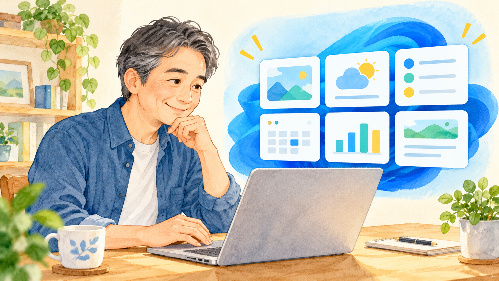 Windows 11のウィジェット：カードを並べて情報を確認するWindowsデスクトップのイメージ