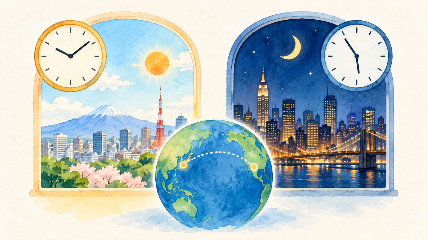 日本の昼と相手の夜を比較する二つの窓のイメージ