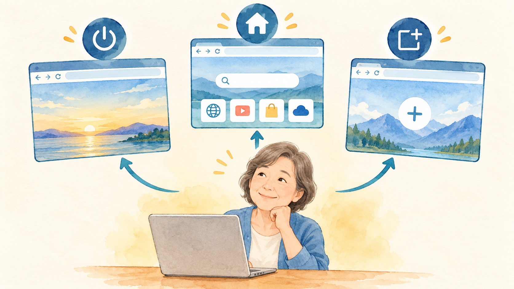 起動時とホームと新規タブを分ける三つの小窓のイメージ