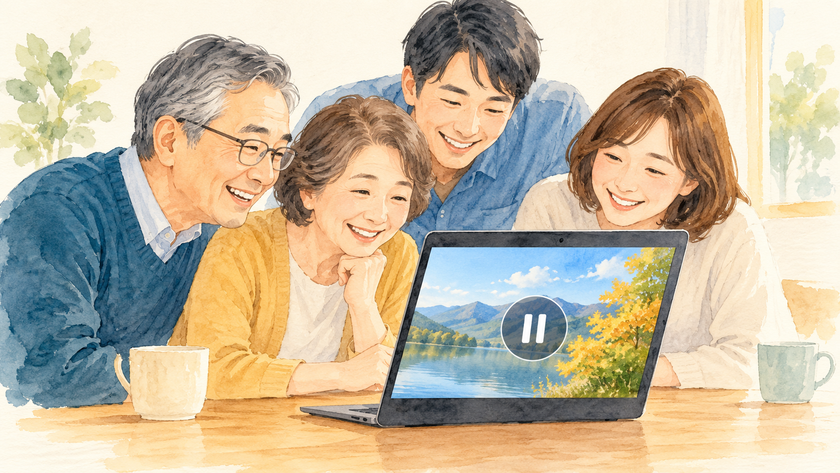 家族が画面を見て一時停止する様子のイメージ