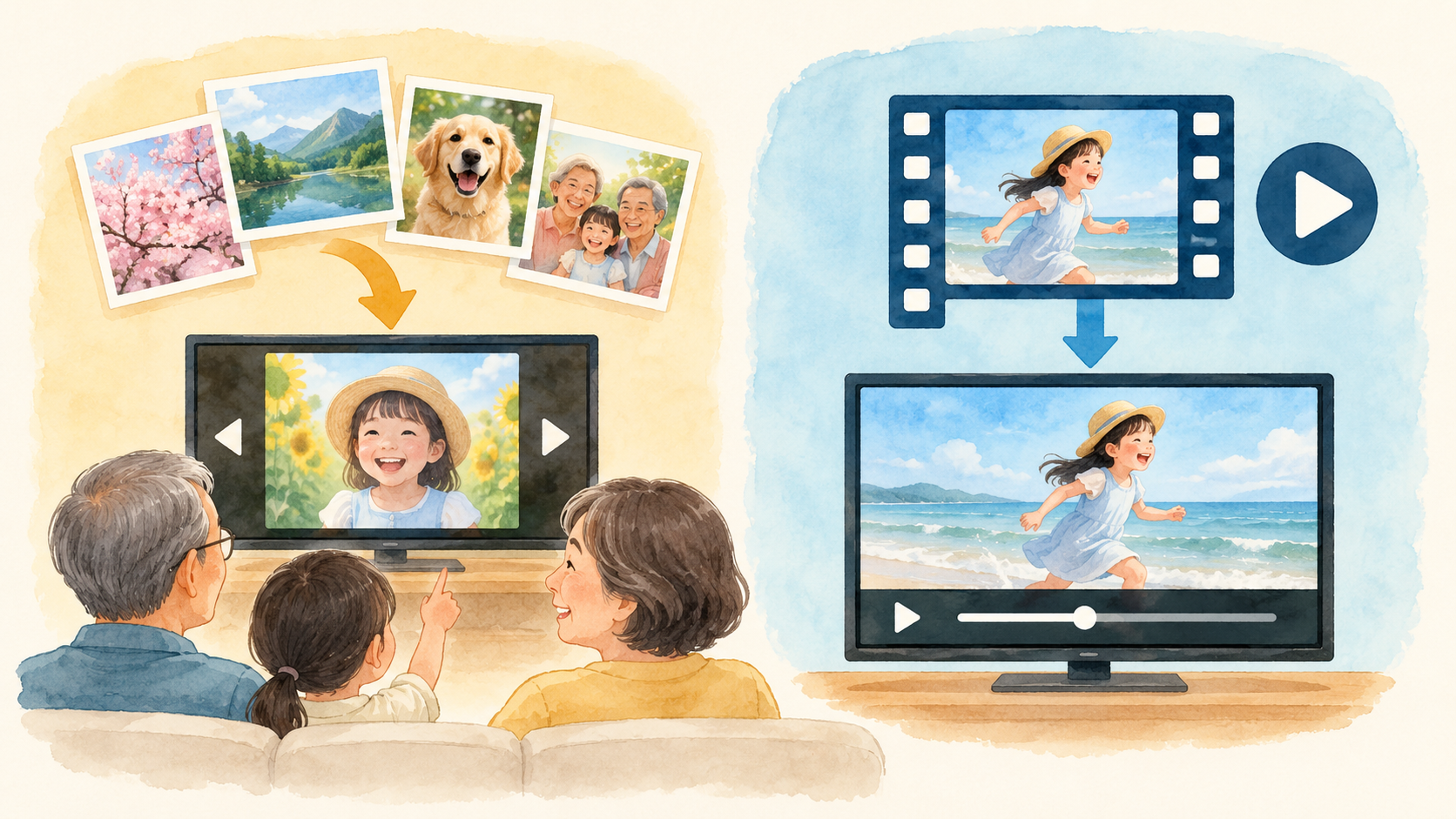 写真鑑賞と動画ファイルの違いを表す二つの枠のイメージ