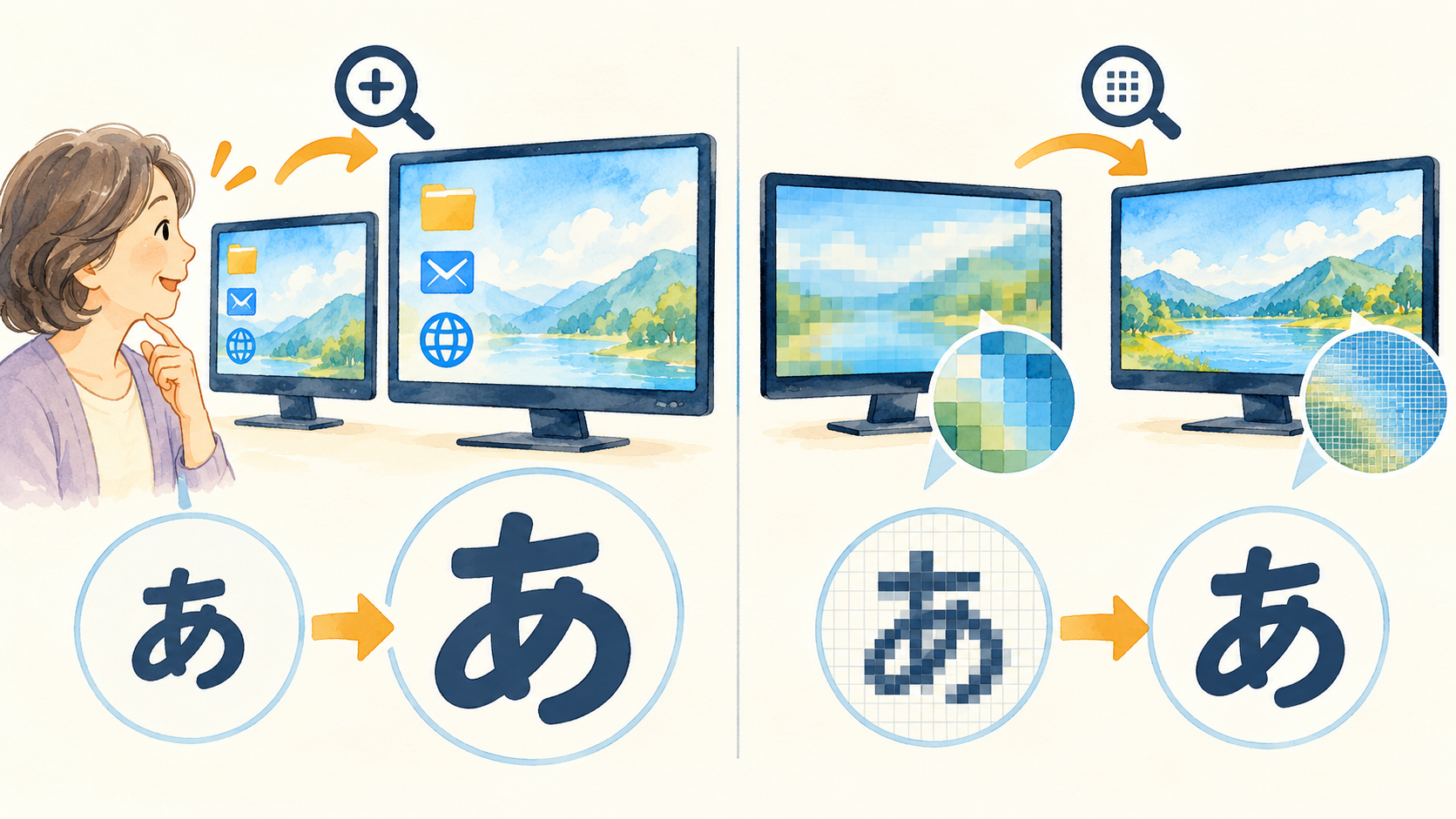拡大率と解像度の違いを表す文字と画素の図のイメージ