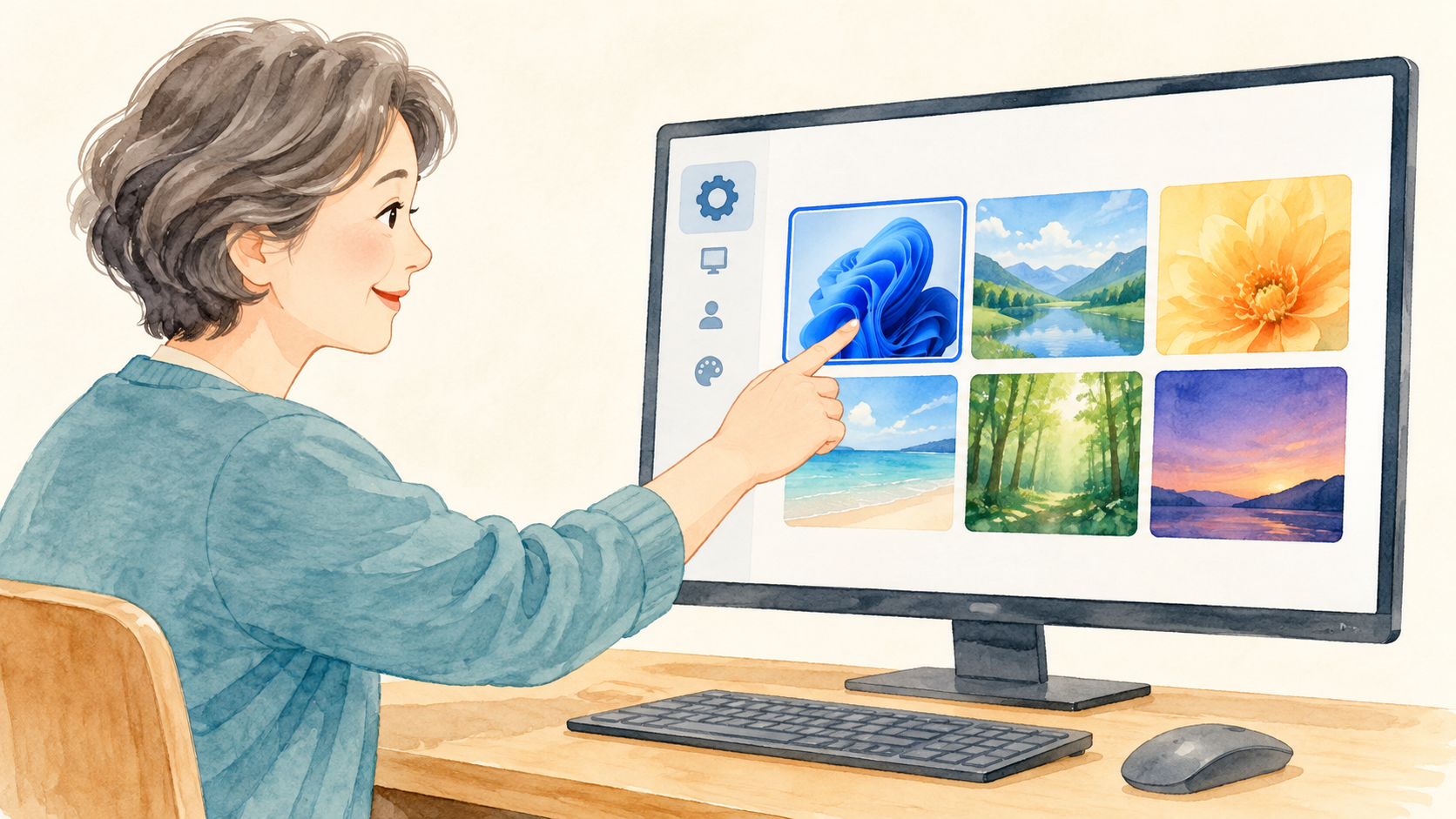 設定画面で背景の種類を選ぶ手を表す説明イラスト