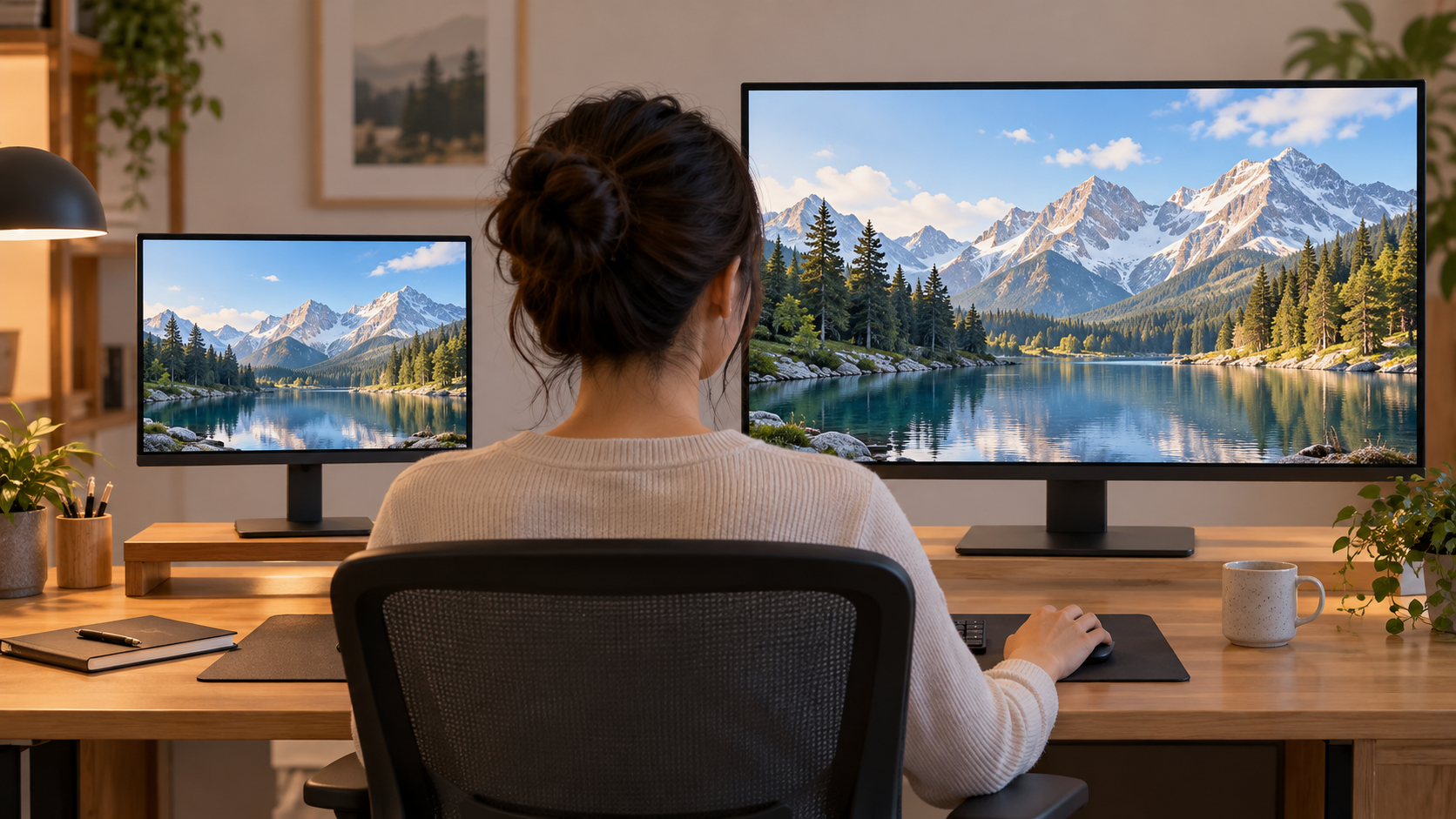 24型と27型のモニターを並べてサイズを比べる